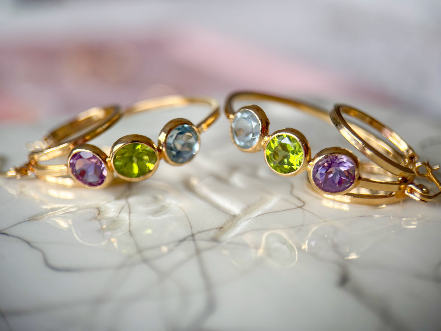Vintage 3 Stone CZ 14k Yellow Gold Triple Hoop Earrings
