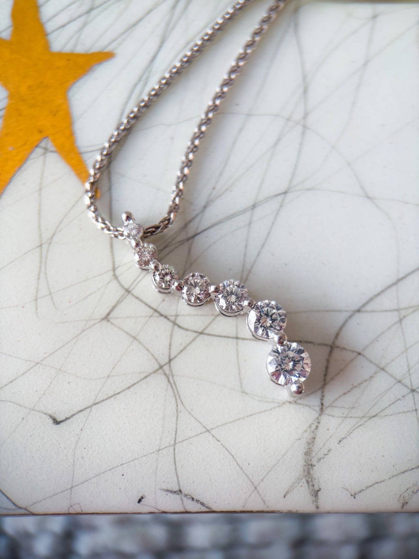 Vintage Natural Diamond 7 Stone Drop Pendant with 14k White Gold Attached 22 Inch Chain