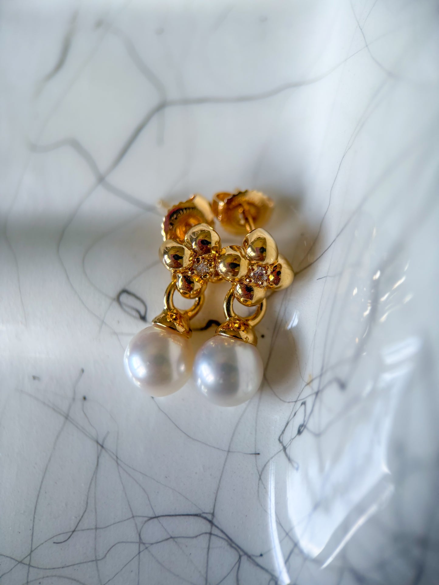 Vintage Natural Diamond and Pearl 18k Yellow Gold Drop Earrings
