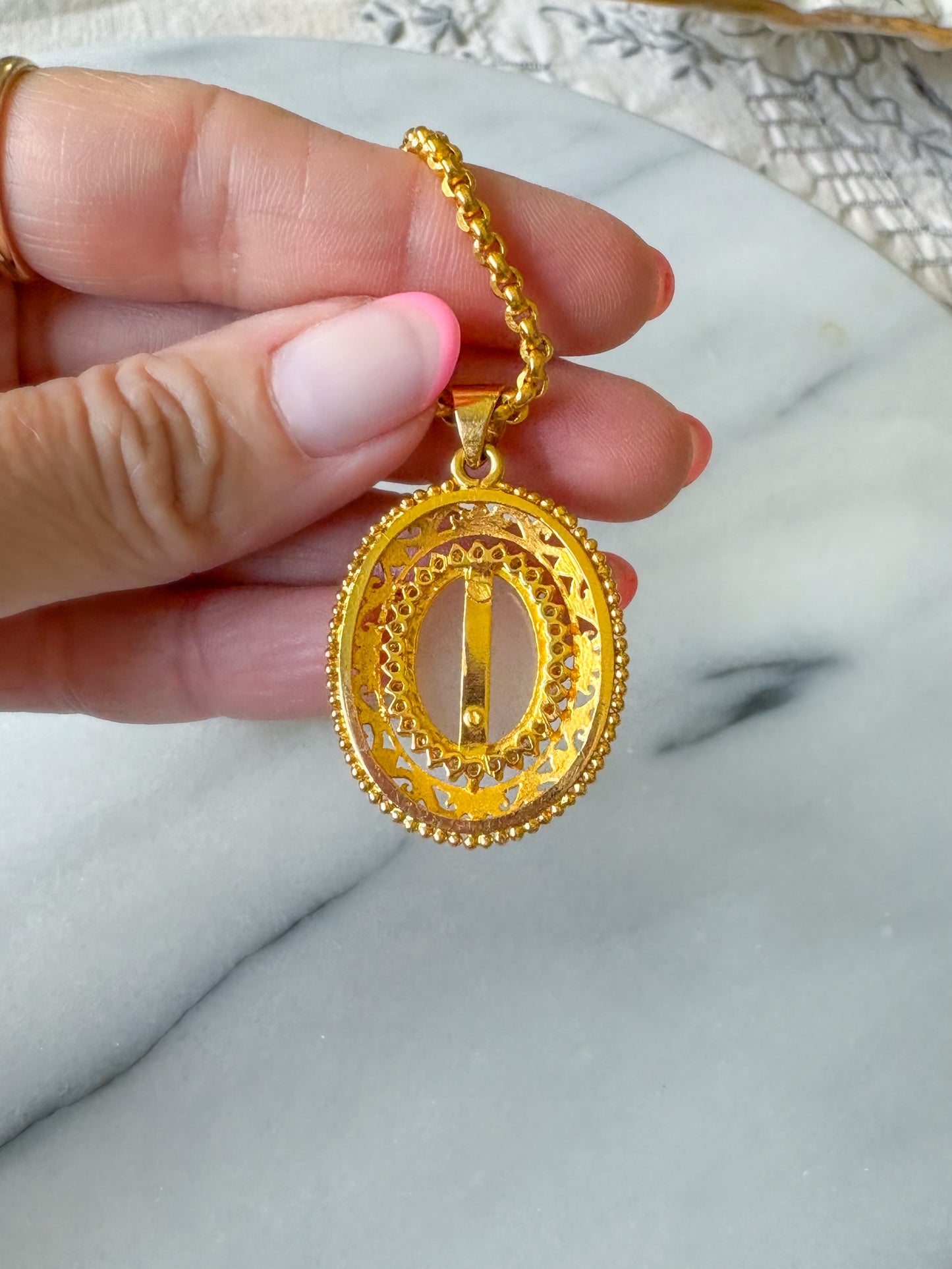 Vintage Large White Jade and Natural Diamond 18k Yellow Gold Charm Pendant