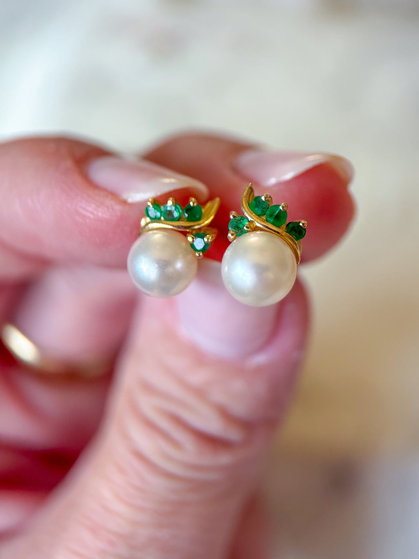 Vintage Pearl Stud with Natural Emeralds 14k Yellow Gold Earrings