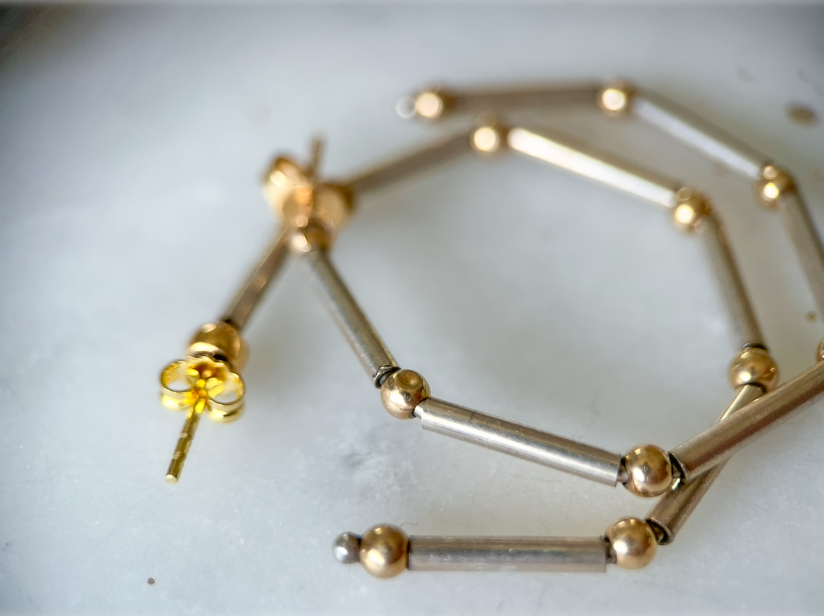 Vintage Sterling Silver Large Hoops with 14k Yellow Gold Balls, Circa 1970s