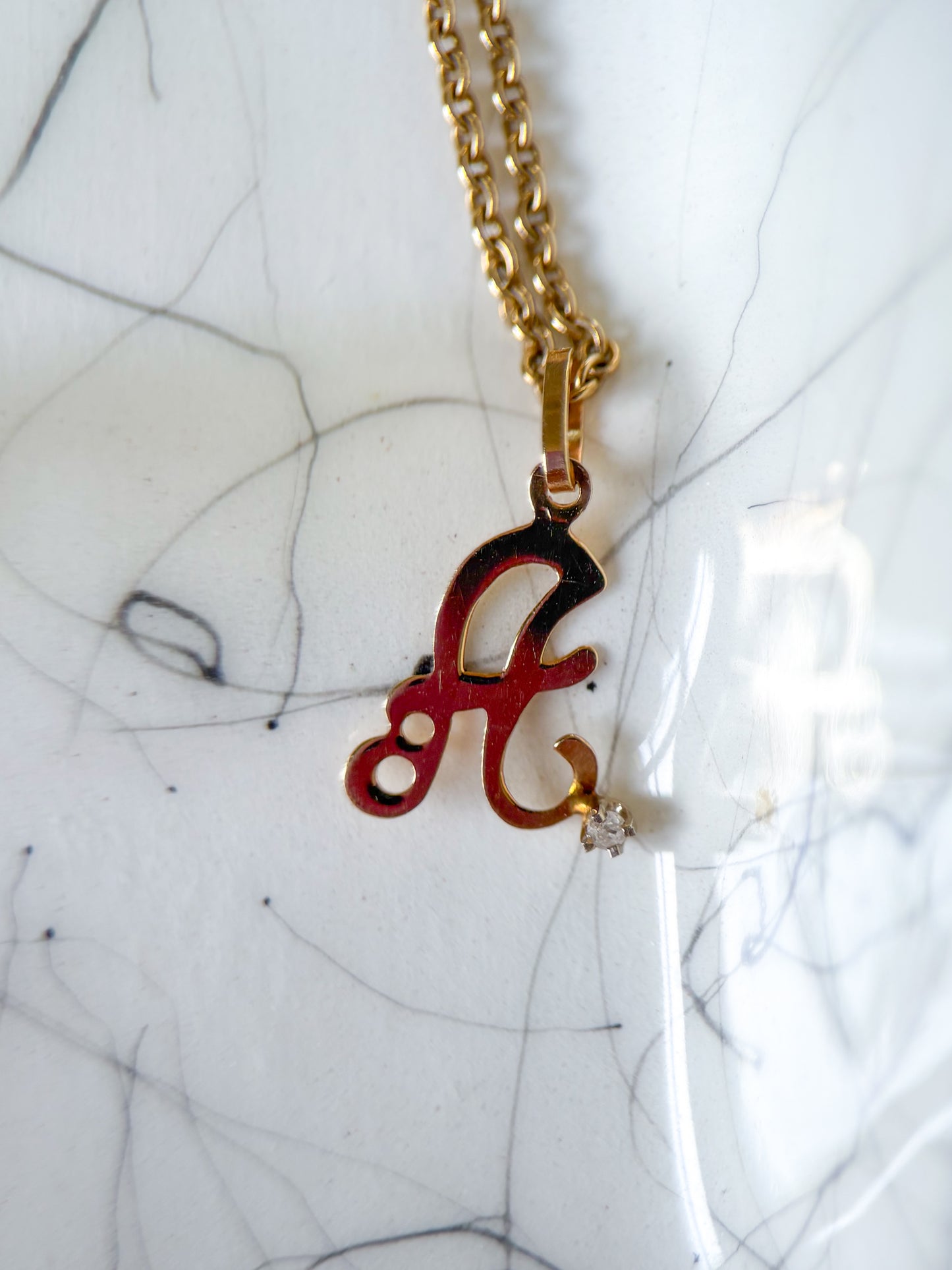 Vintage 'A' 14k Yellow Gold Letter Initial Charm with Small Diamond