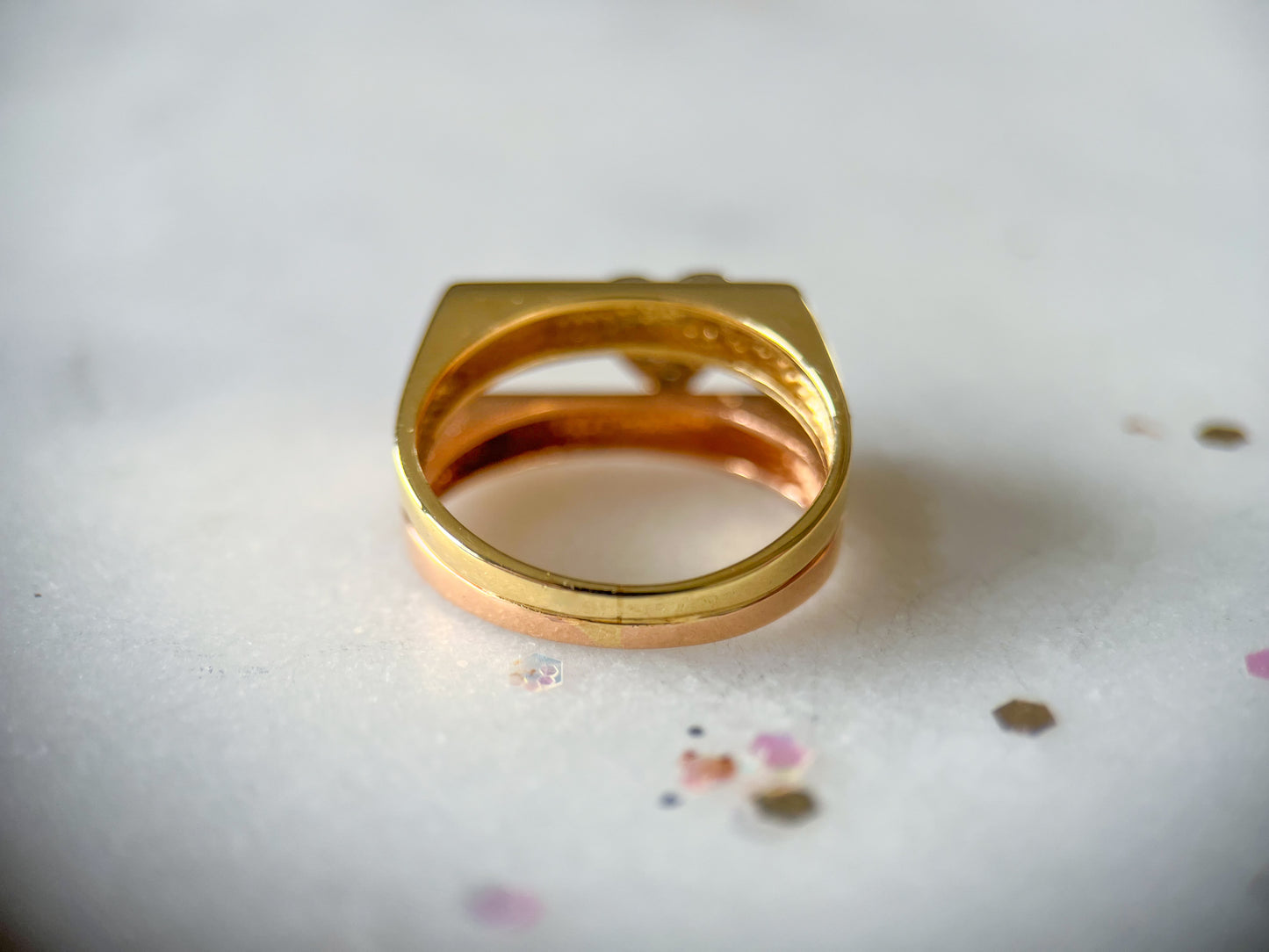 Vintage Double Bar Natural Diamond Heart Two Toned 14k Rose and Yellow Gold Ring