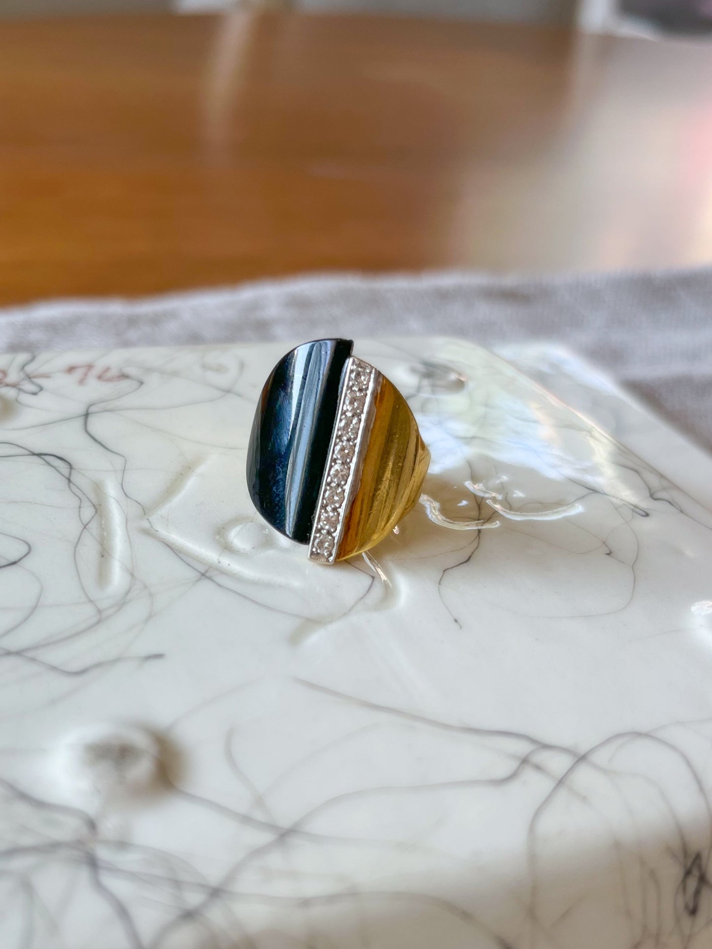 Vintage Onyx and Natural Diamond 18k White and Yellow Gold Ring, circa 1960s