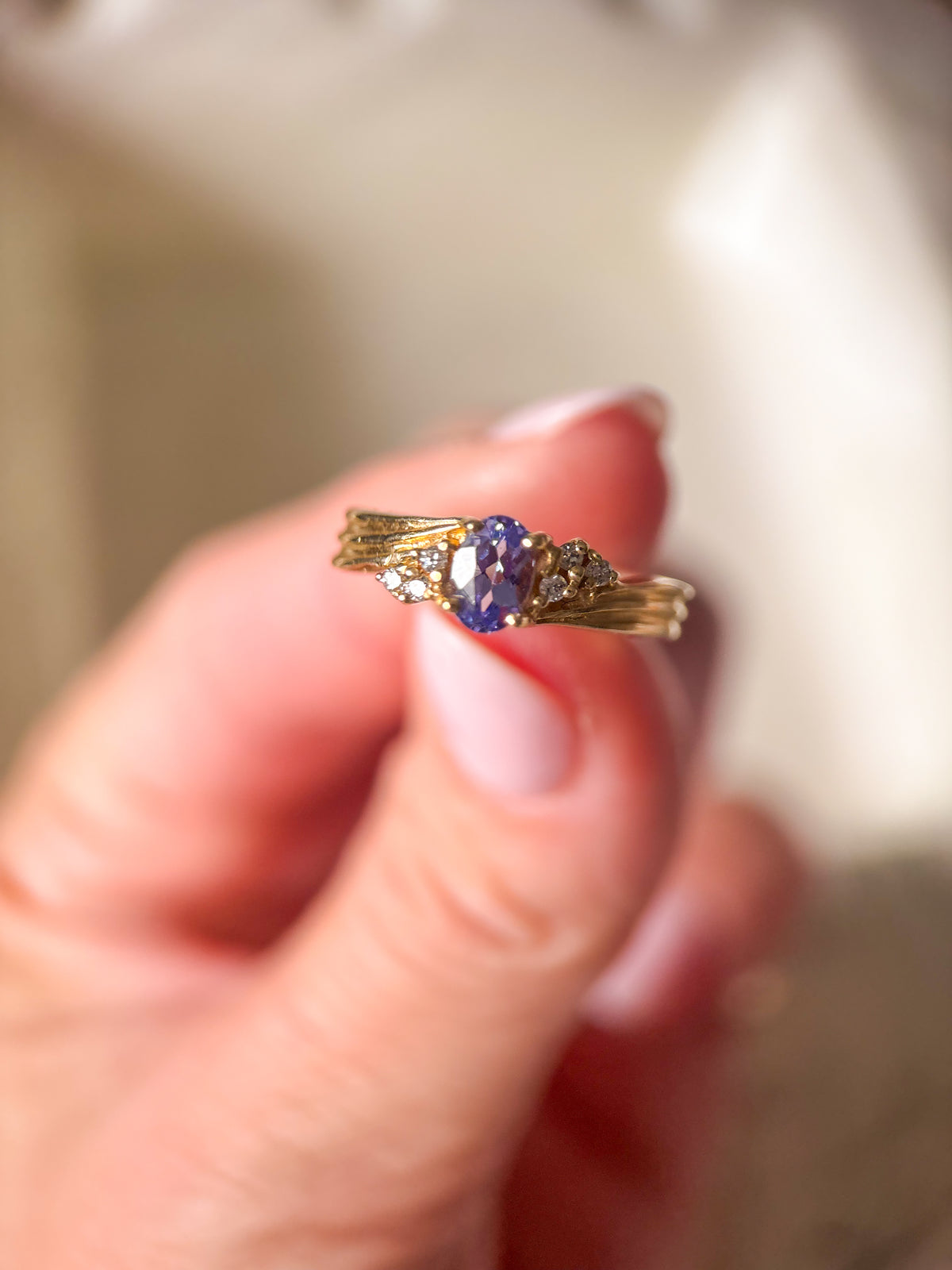 Vintage Natural Tanzanite and Natural Diamond 14k Yellow Gold Ring