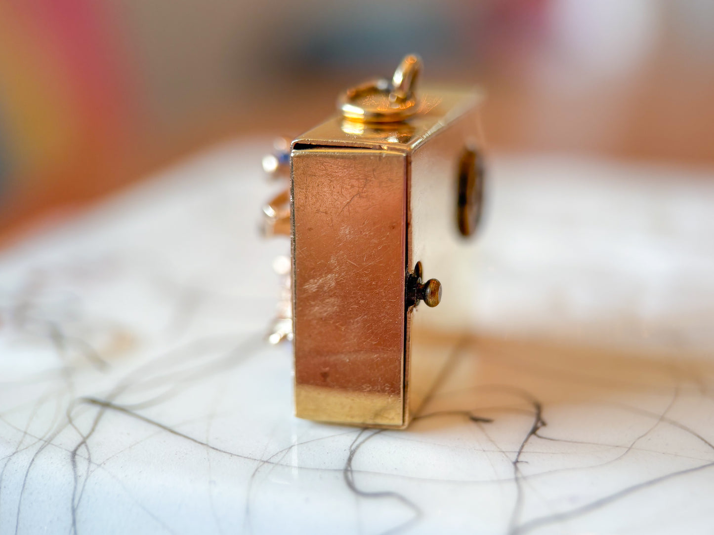 Vintage Music Box 14k Yellow Gold and Pearls Ruby and Sapphire, circa 1950s