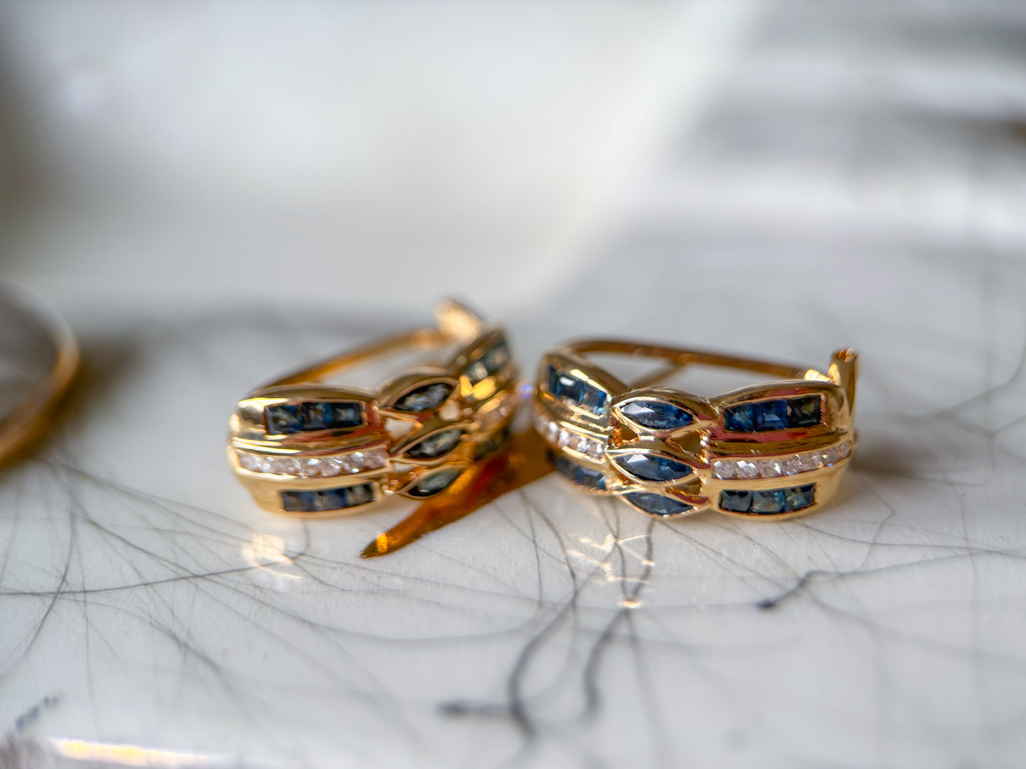 Vintage Natural Sapphire and Diamond 14k Yellow Gold Half Hoop Earrings