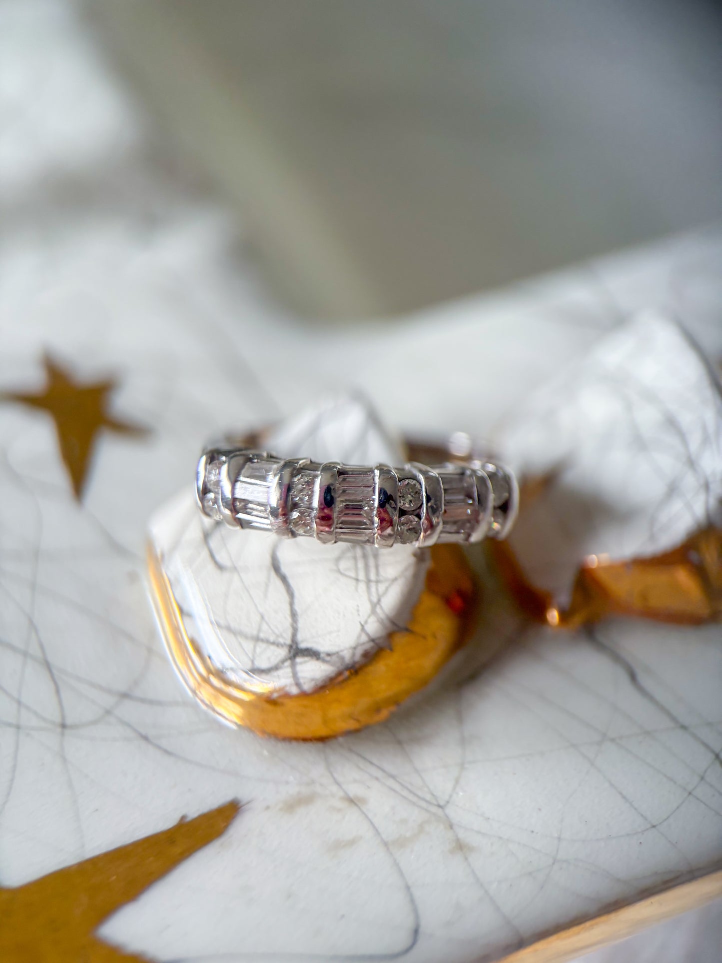 Vintage Natural Round and Baguette Diamond 14k White Gold Half Band Ring