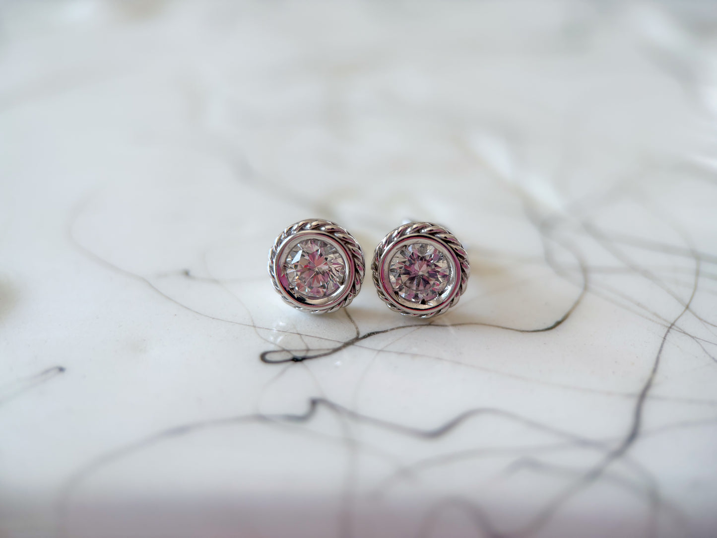 Vintage Natural Diamond Rope 14k White Gold Stud Earrings