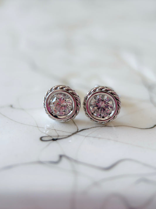 Vintage Natural Diamond Rope 14k White Gold Stud Earrings