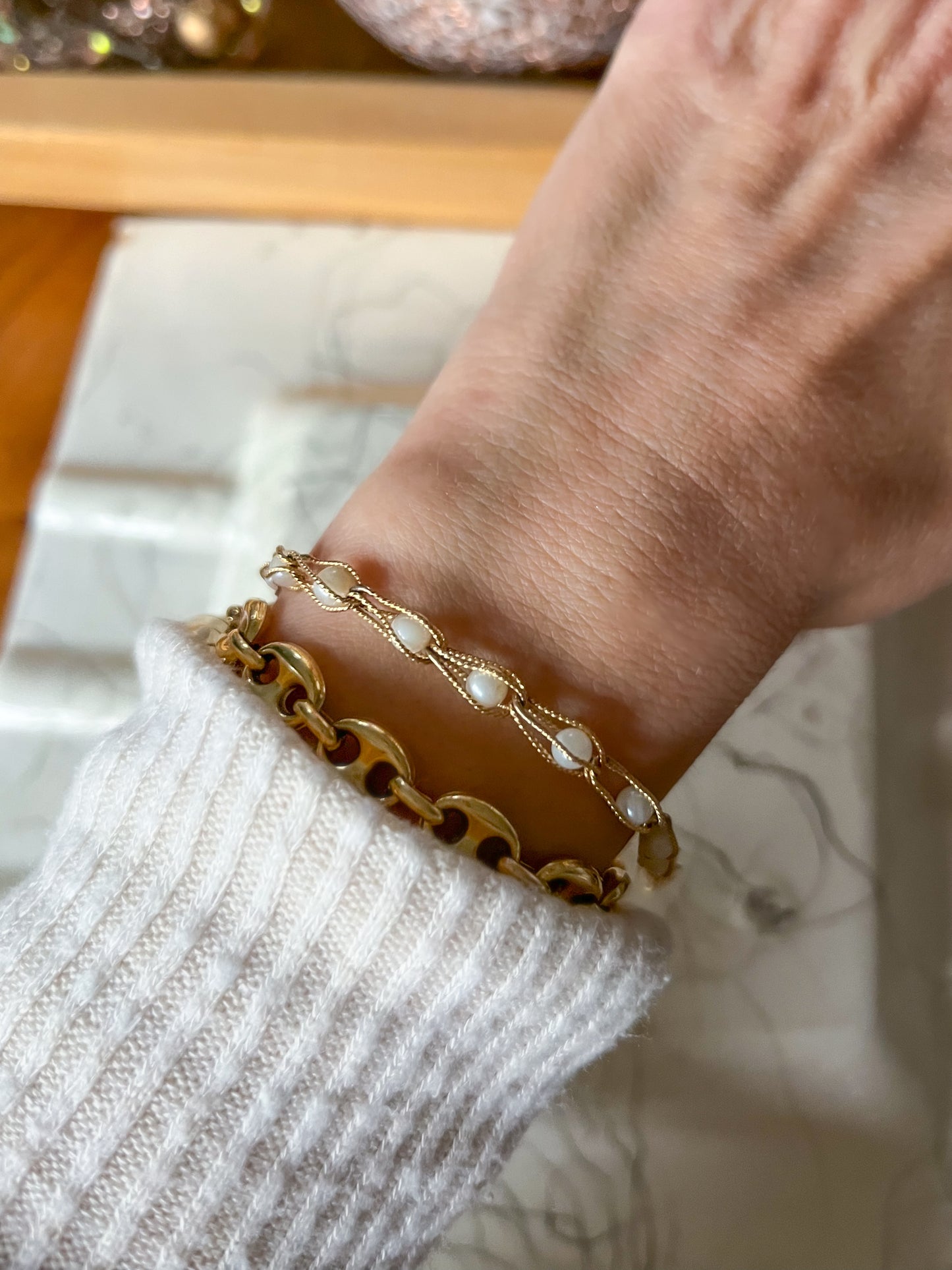 Vintage Natural Pearl and Open Chain 14k Yellow Gold 7 Inch Bracelet