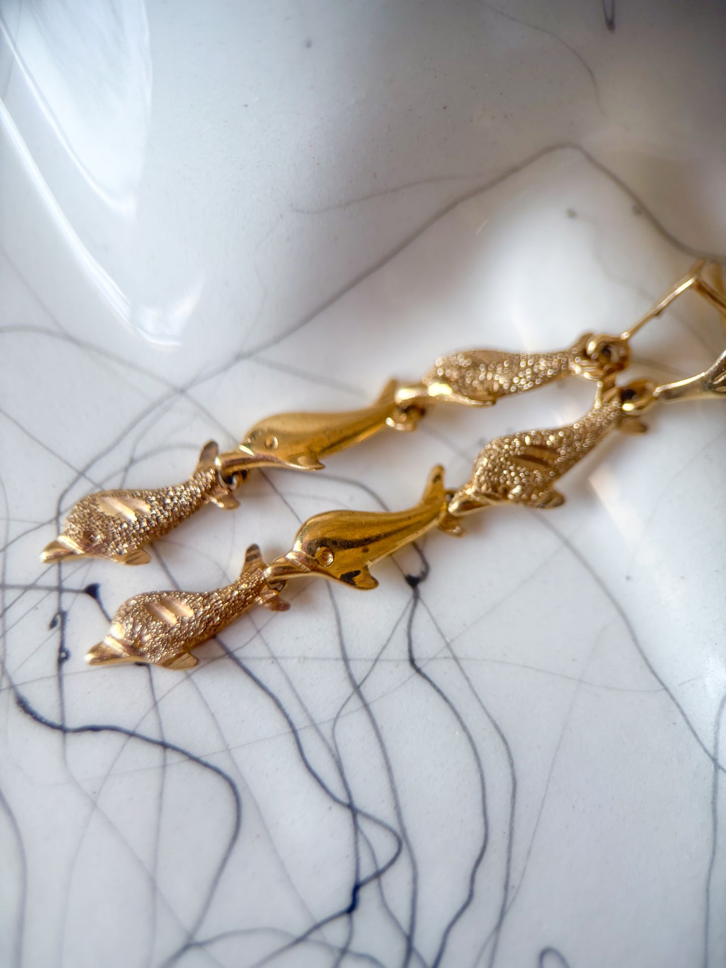 Vintage Dolphin 14k Yellow Gold Drop Earrings
