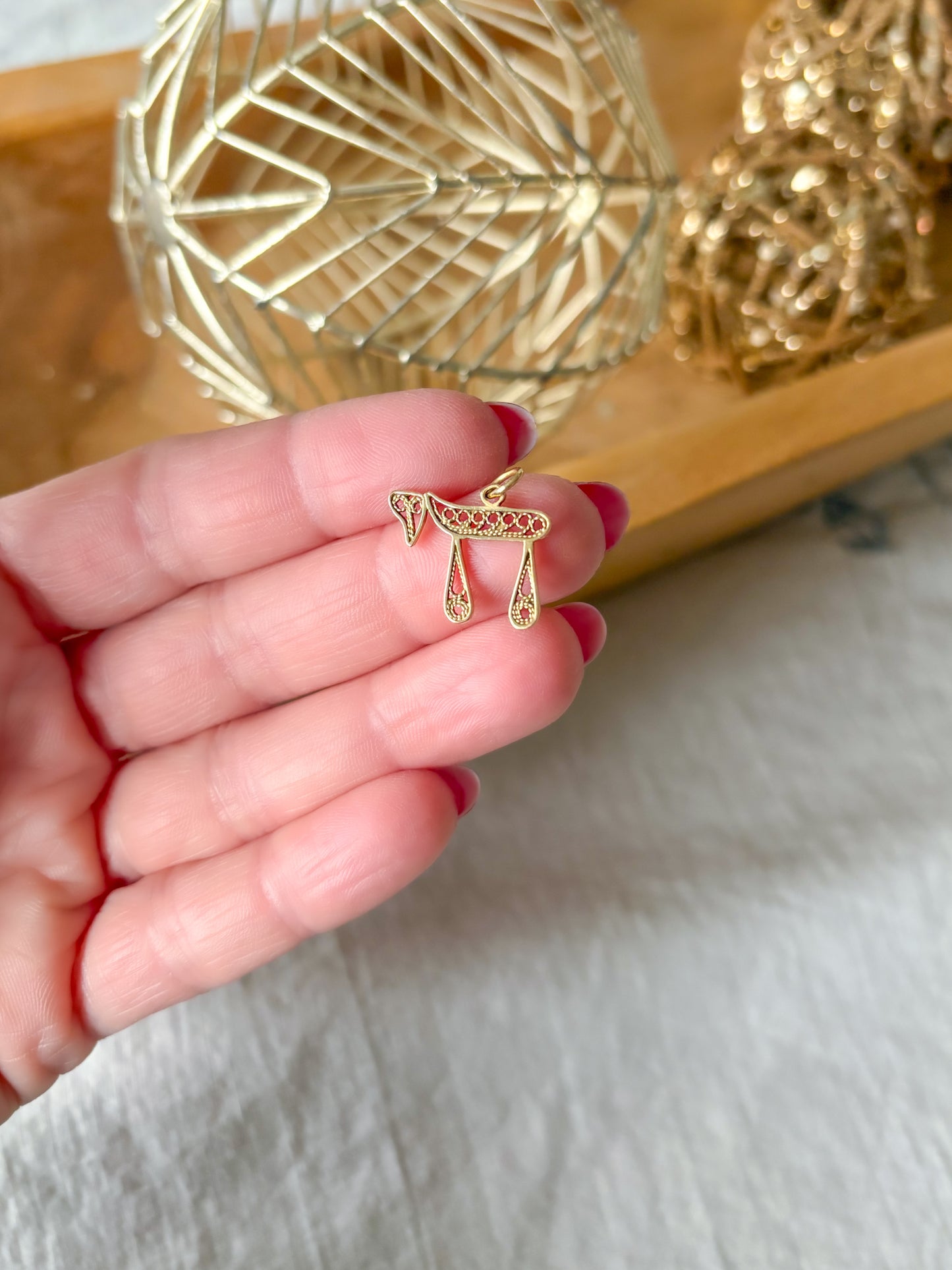 Vintage Filigree Chai 14k Yellow Gold Charm