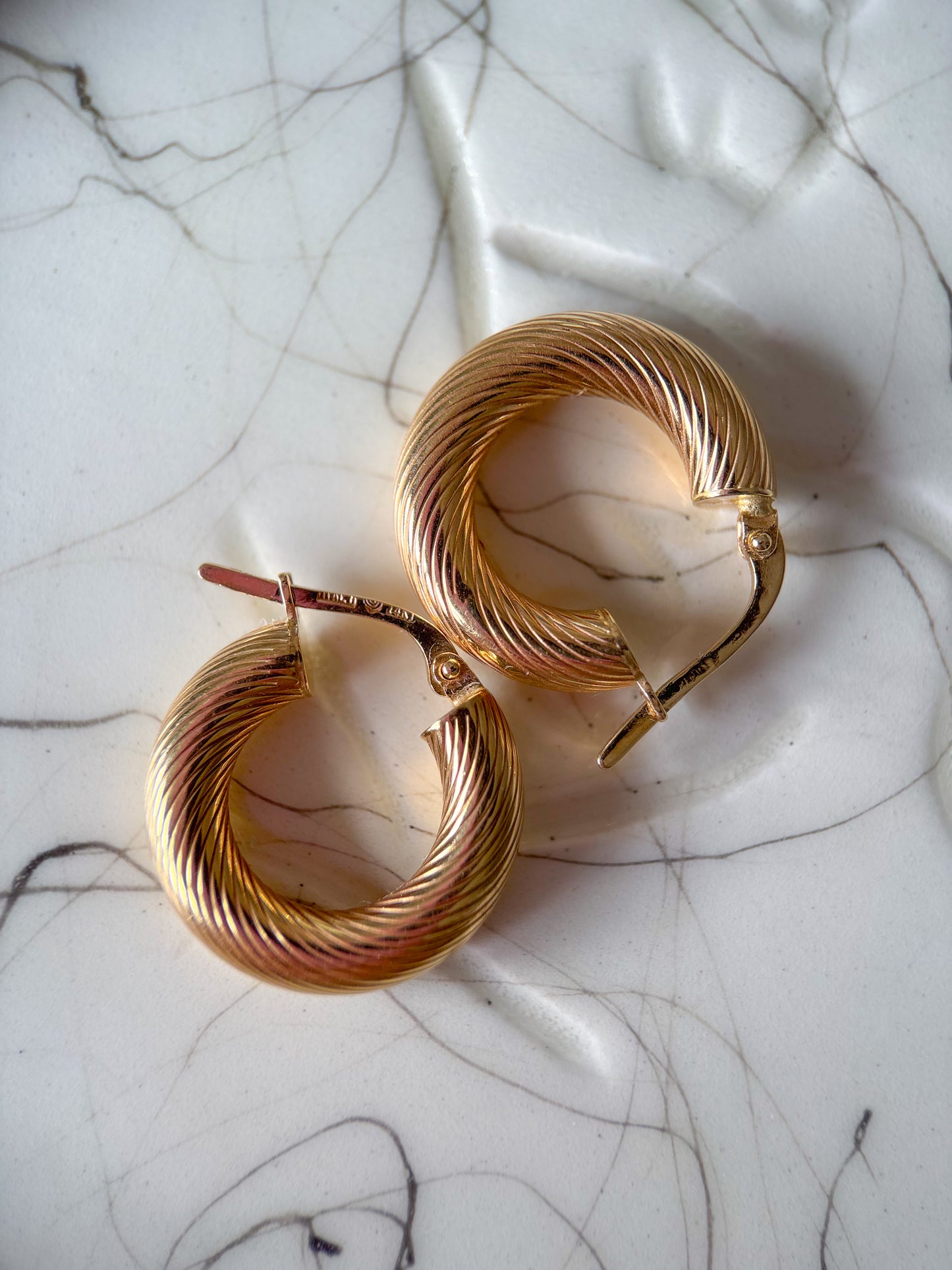 Vintage 14k Yellow Gold Thick Etched Hoop Earrings