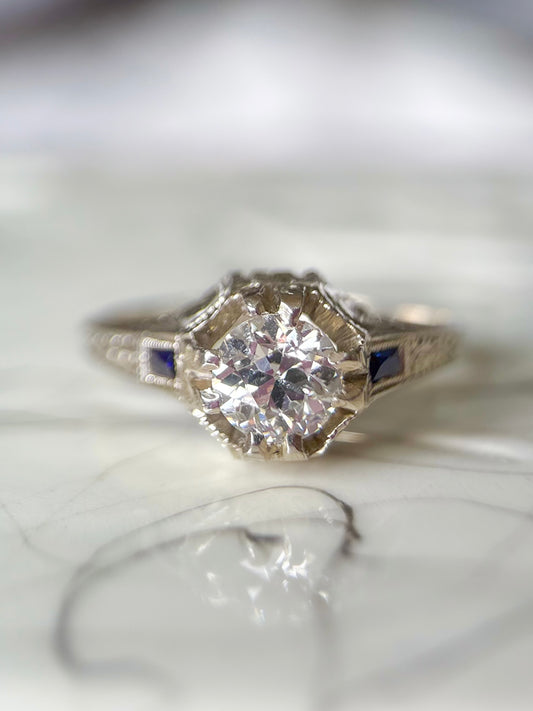 Vintage Natural Old Miner Diamond and Natural Sapphire 18k White Gold Ring