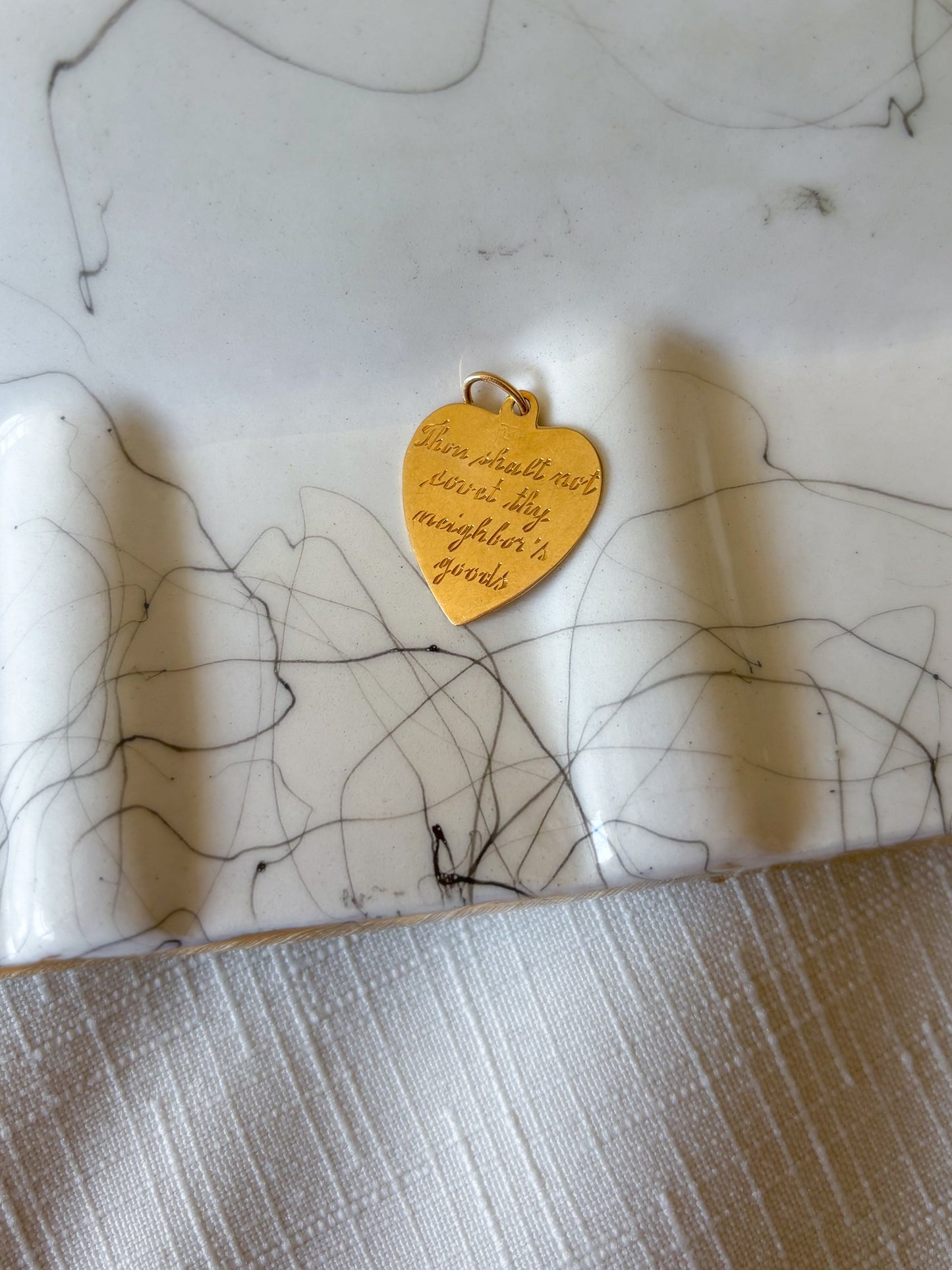 Vintage Engine Turned Heart 14k Yellow Gold Charm, Engraved: "Thou Shall Not Covet Thy Neighbor's Goods"
