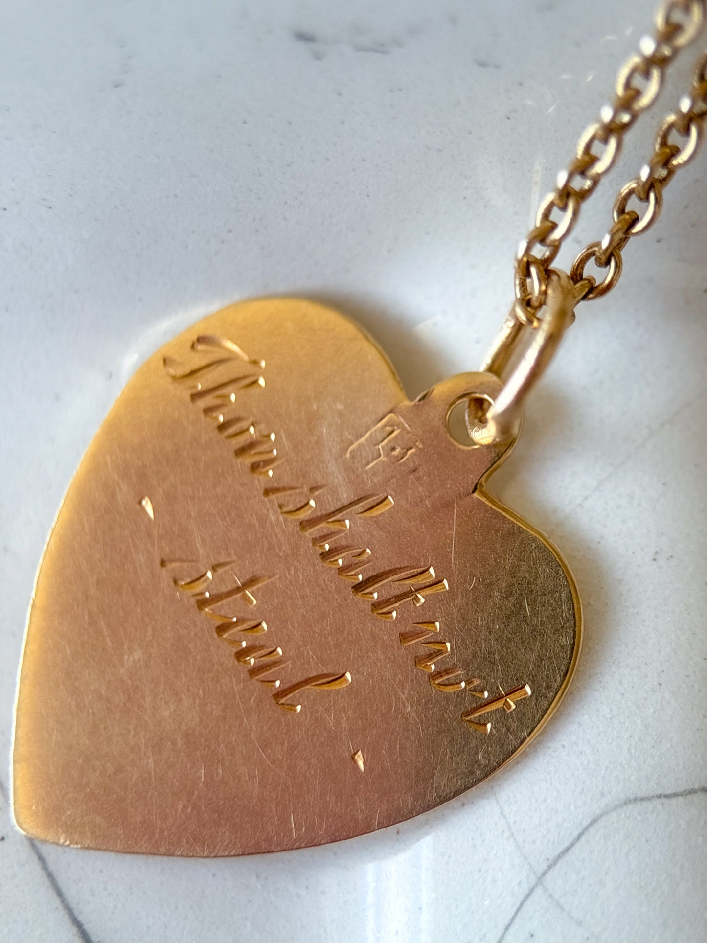 Vintage Engine Turned Heart 14k Yellow Gold Charm, Engraved: "Thou Shall Not Steal"
