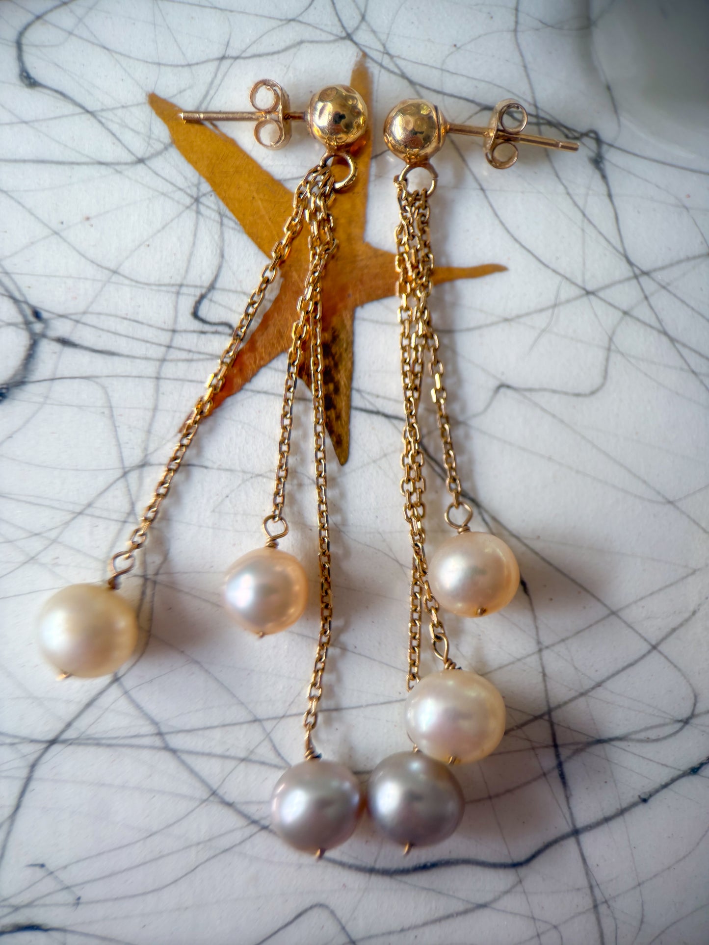 Vintage Pearl Dangle Stud 14k Yellow Gold Earrings