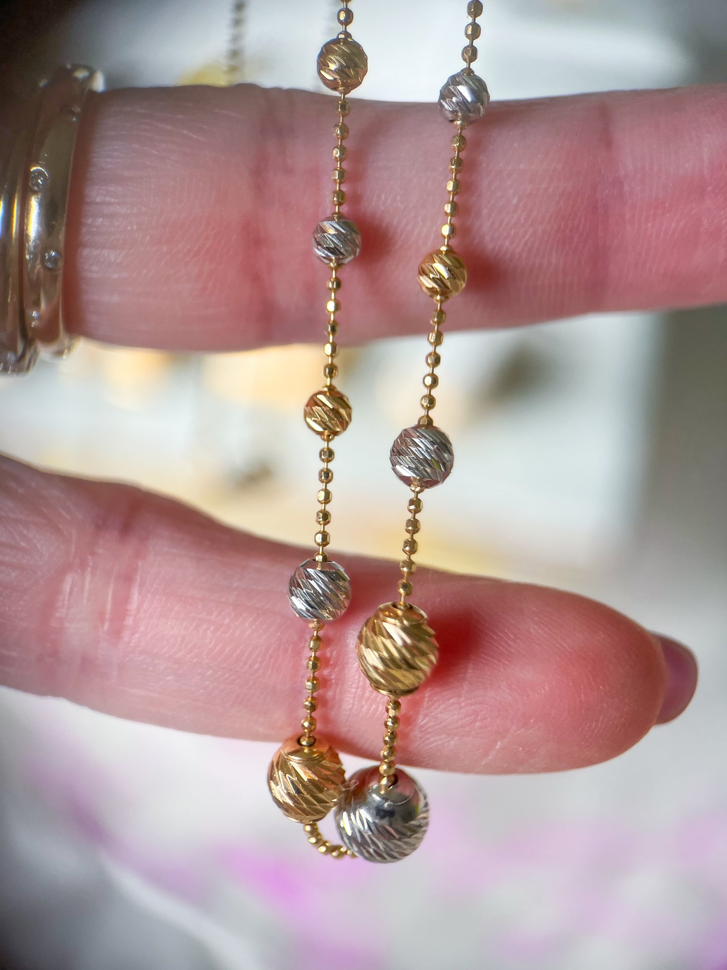 Vintage Two Toned Ball Chain with Two Toned Ball Accents 14k Yellow and White Gold Necklace