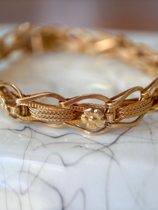 Vintage Link Bracelet with Flowers 14k Yellow Gold 7 Inch Bracelet
