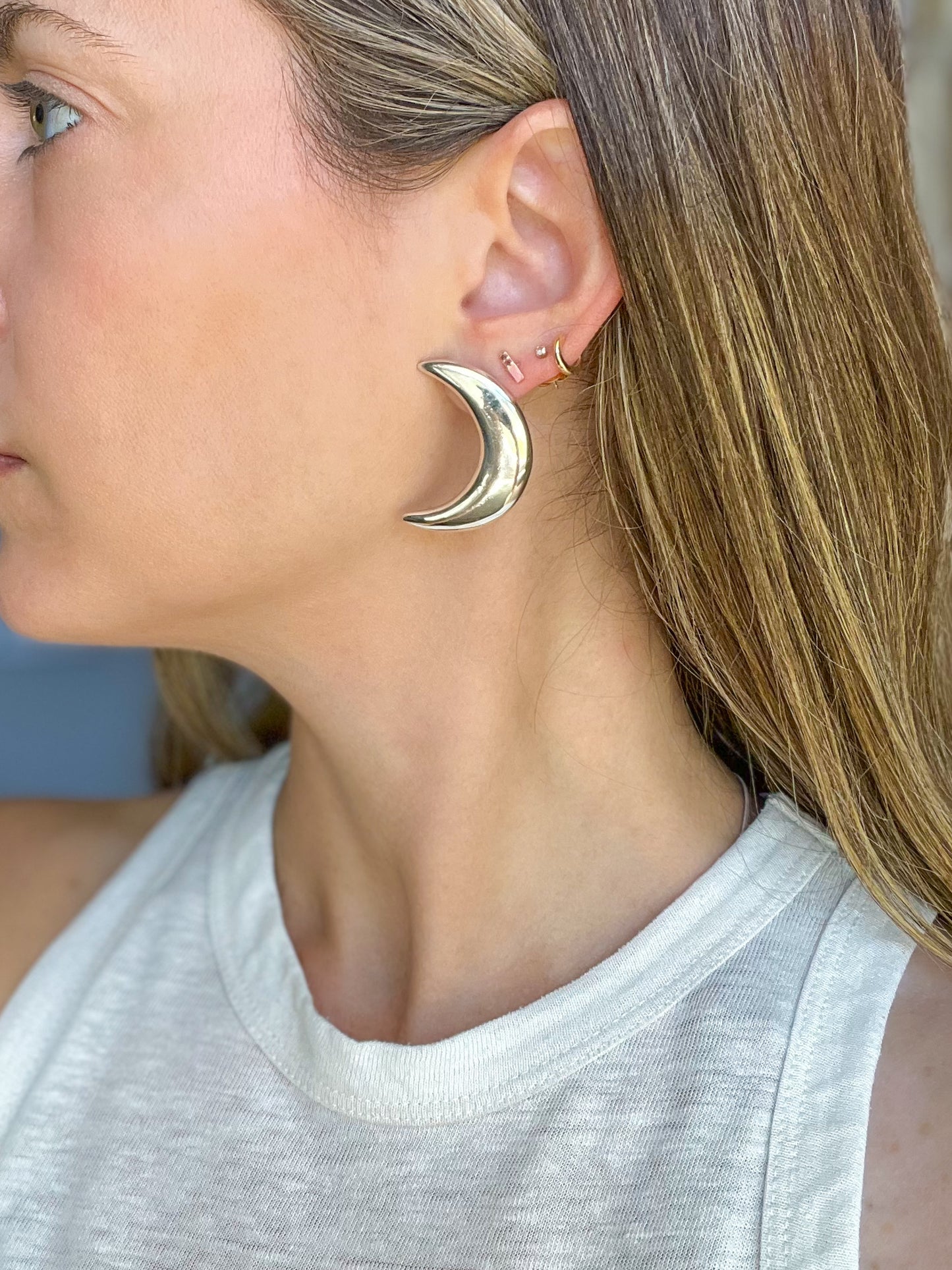 Vintage Sterling Silver Large Moon Crescent Stud Earrings, circa 1970s