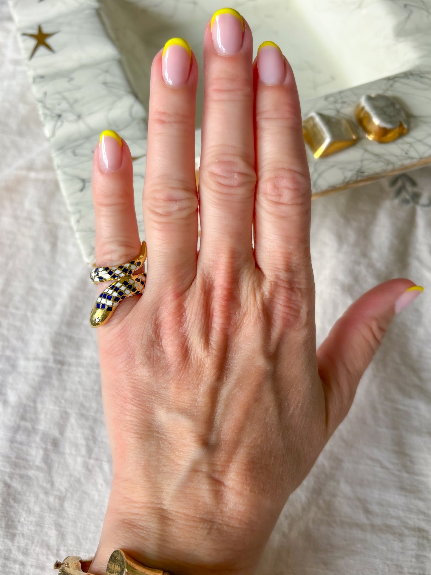 Vintage Enamel and Natural Sapphire 18k Yellow Gold Snake Ring, Size 3 1/4, circa 1960s