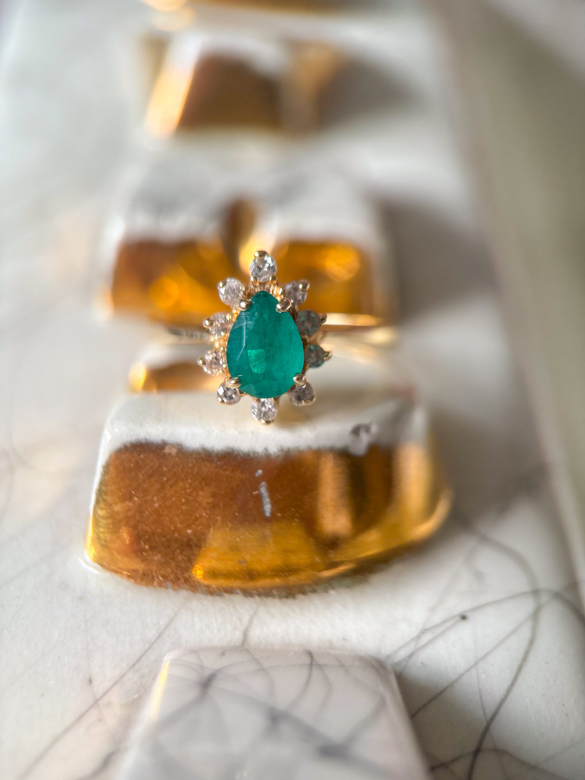 Vintage Pear Shaped Natural Emerald and Diamond 14k Yellow Gold Ring
