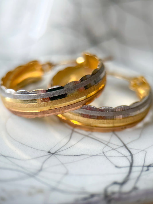 Vintage Tri Colored, Scalloped Edged 14k Yellow, Rose and White Gold Hoop Earrings