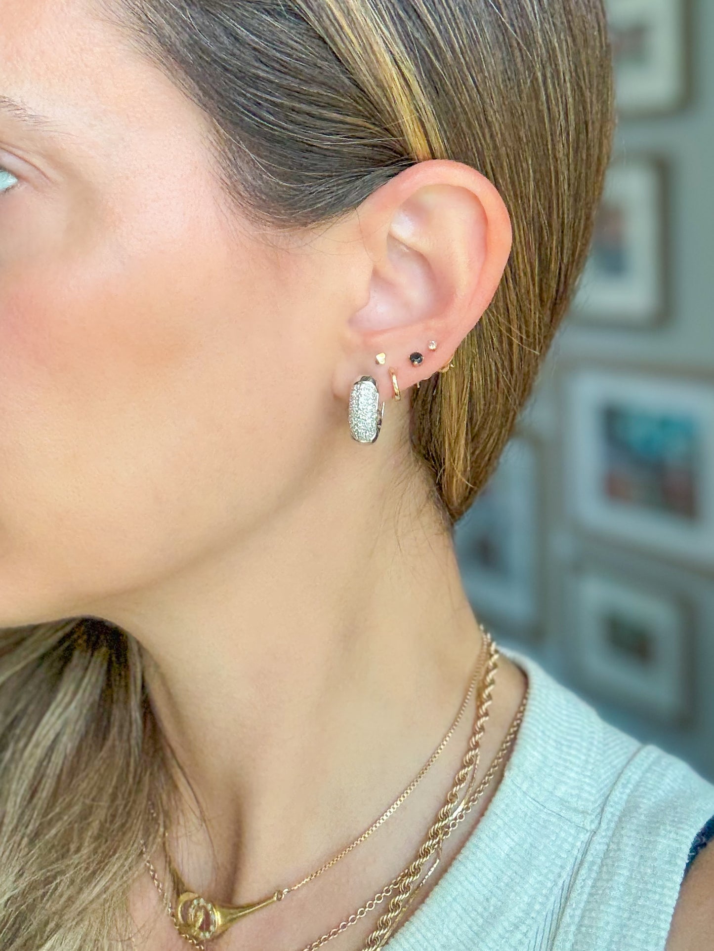 Natural Diamond Encrusted 18k White Gold Puffy Huggie Earrings