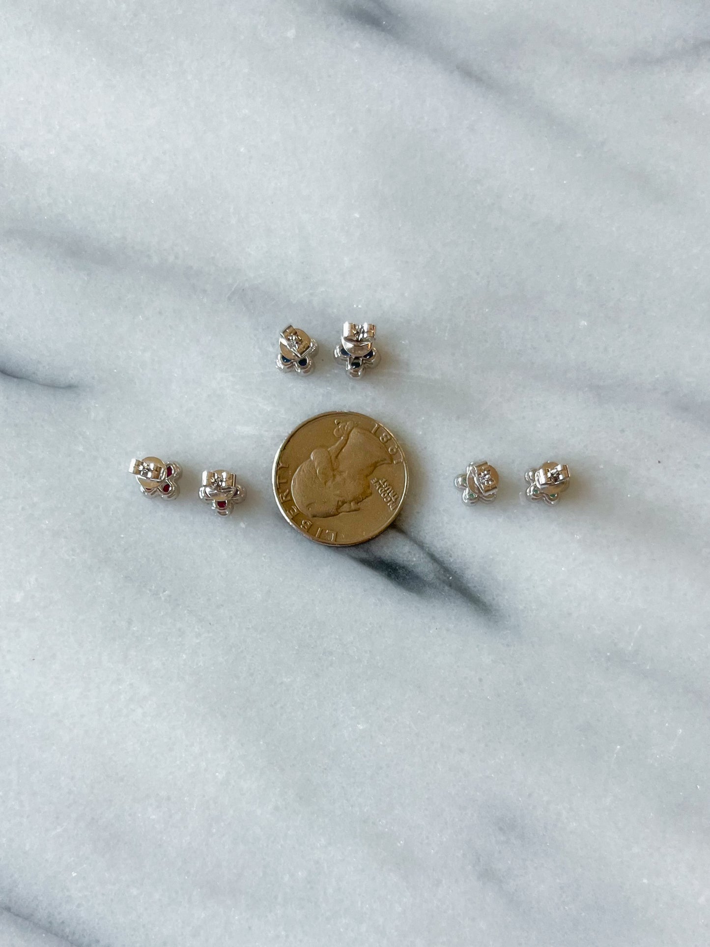 Natural Ruby, Sapphire, Emerald and Diamond 14k White Gold Flower Stud Earrings