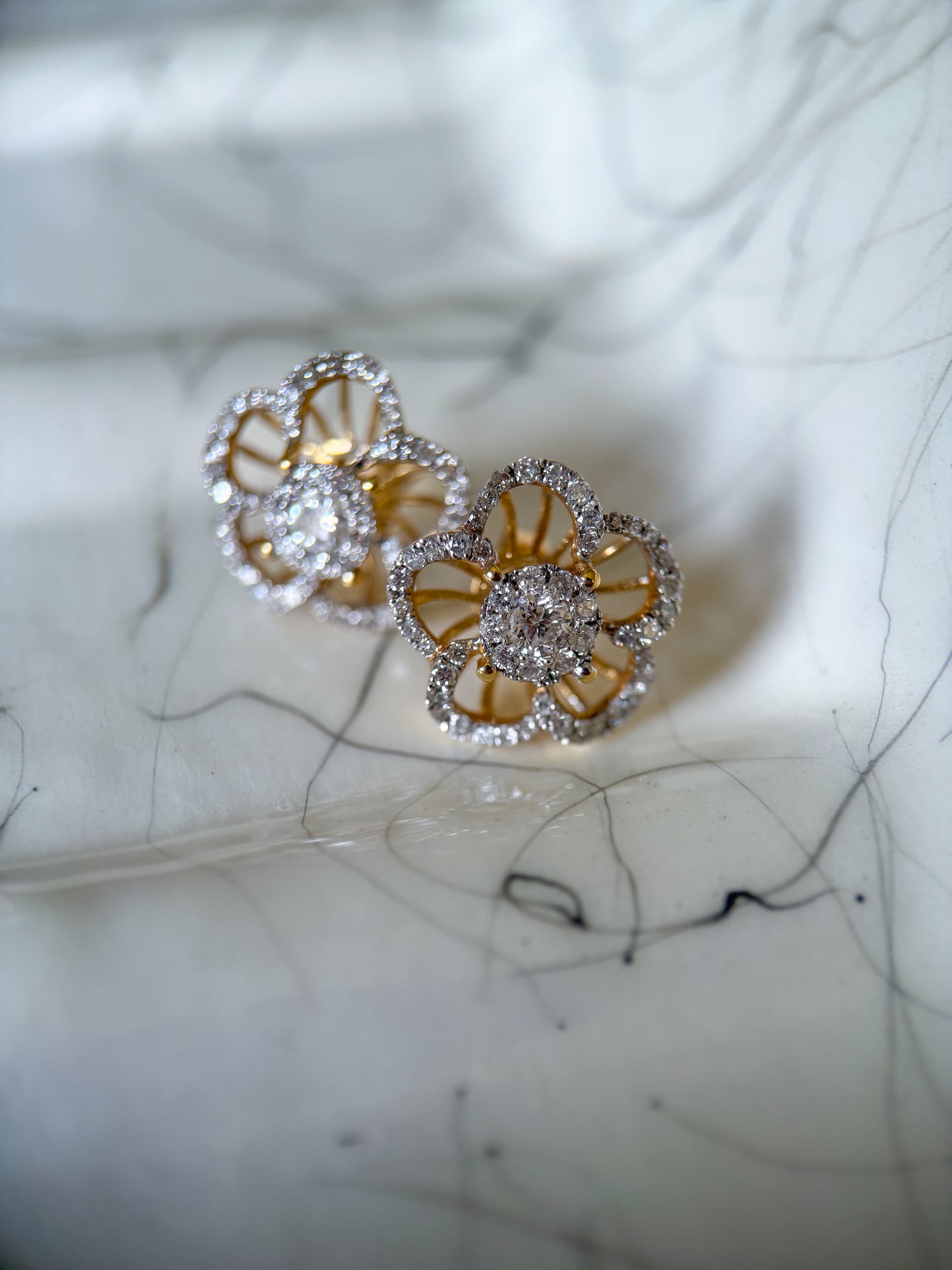 Natural Diamond Flower 14k Yellow Gold Large Stud Earrings