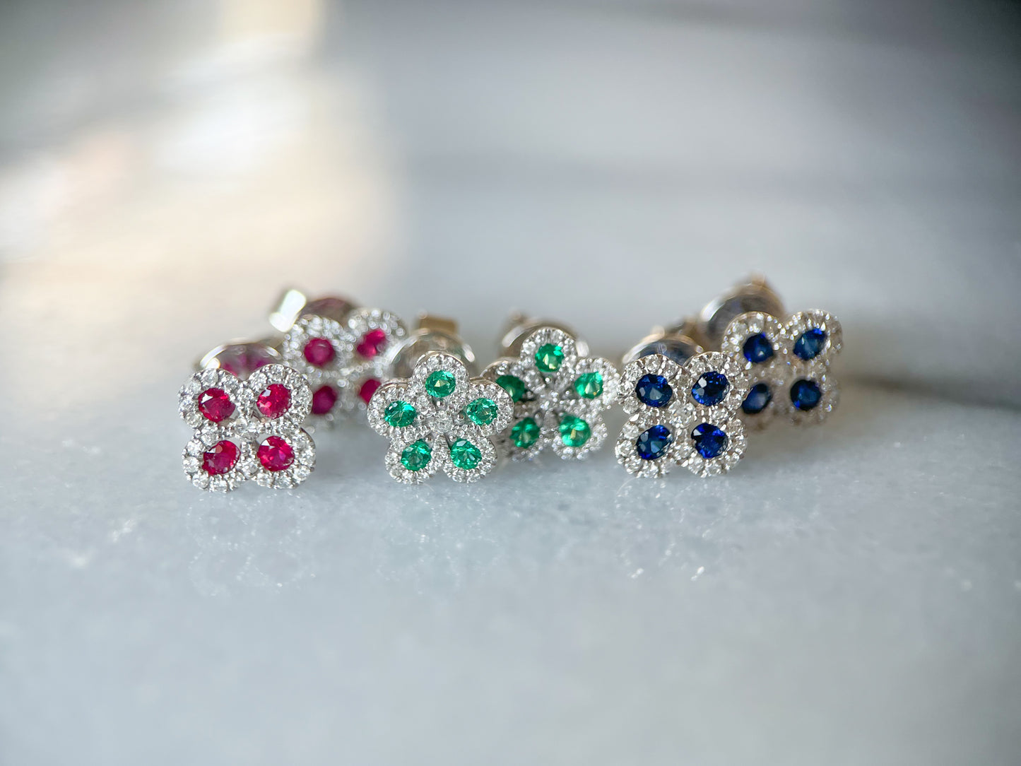 Natural Ruby, Sapphire, Emerald and Diamond 14k White Gold Flower Stud Earrings