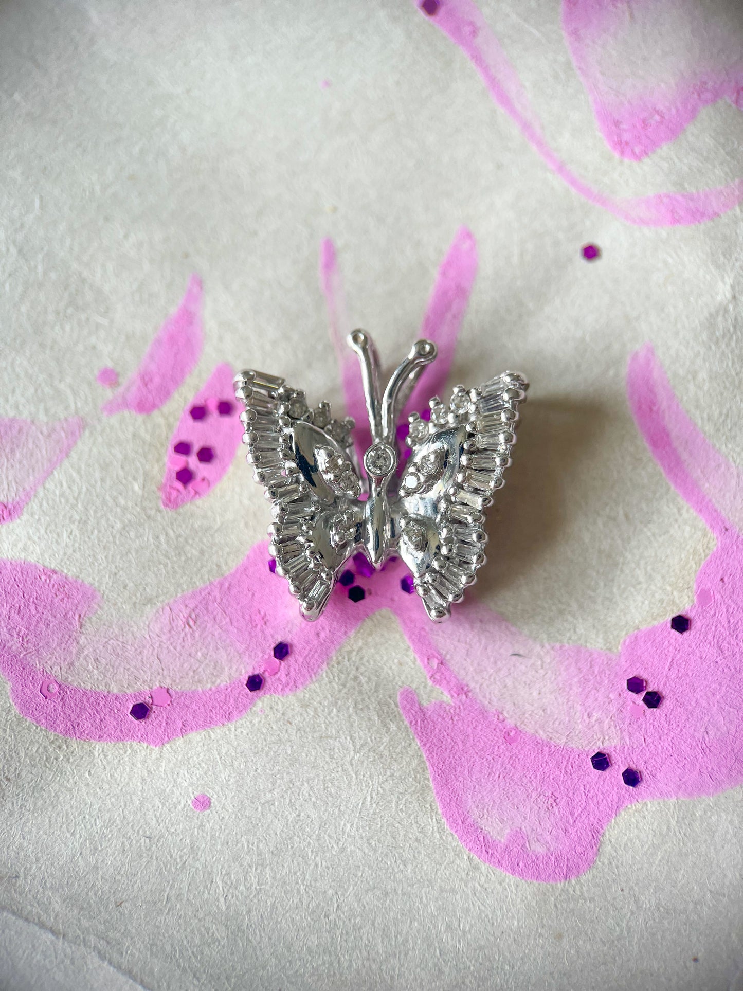 Vintage Natural Diamond Butterfly 14k White Gold Charm