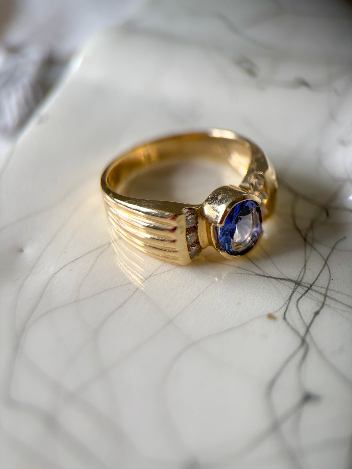 Vintage Natural Tanzanite and Natural Diamond 14k Yellow Gold Ring