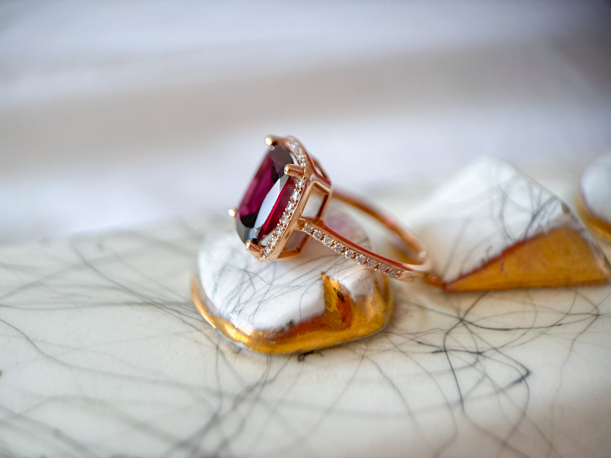 Vintage 14k Rose Gold Natural Rhodolite and Diamond Ring