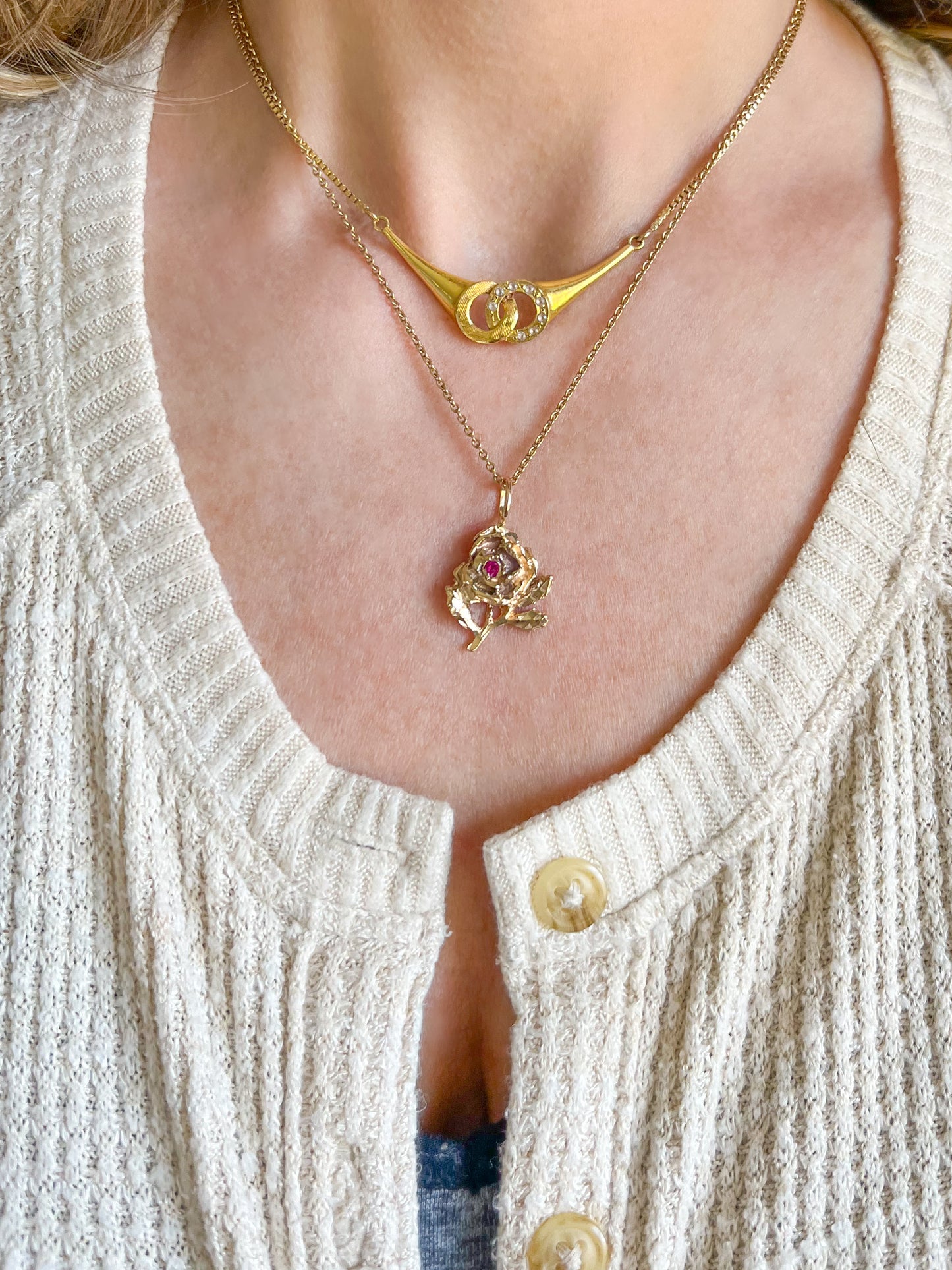 Vintage Rose With Natural Ruby 14k Yellow Gold Charm