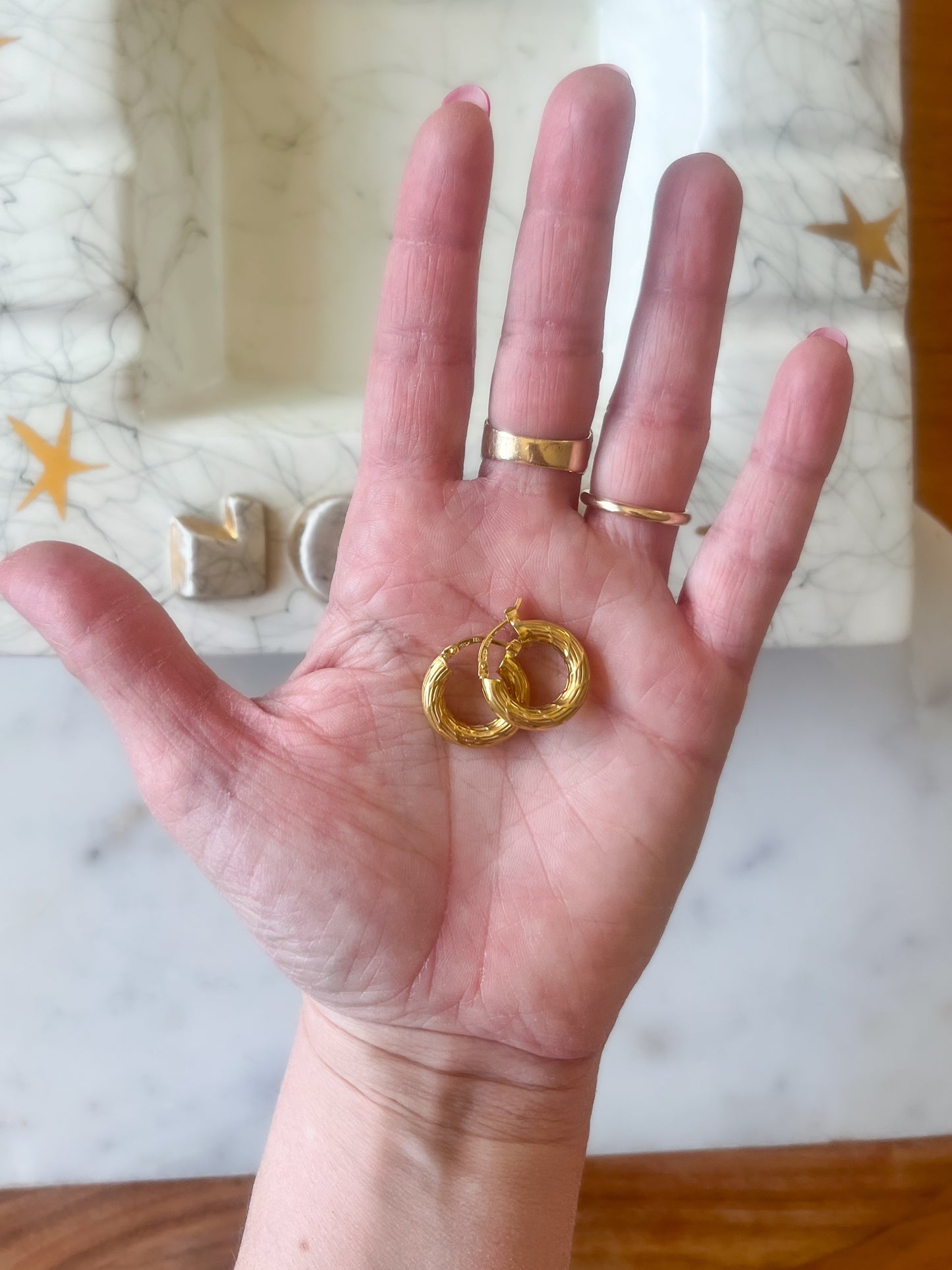 Vintage Small Round Etched 14k Yellow Gold Hoop Earrings