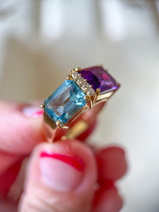 Vintage Natural Amethyst and Topaz Two Stone Ring with Natural Diamonds 14k Yellow Gold, circa 1980s