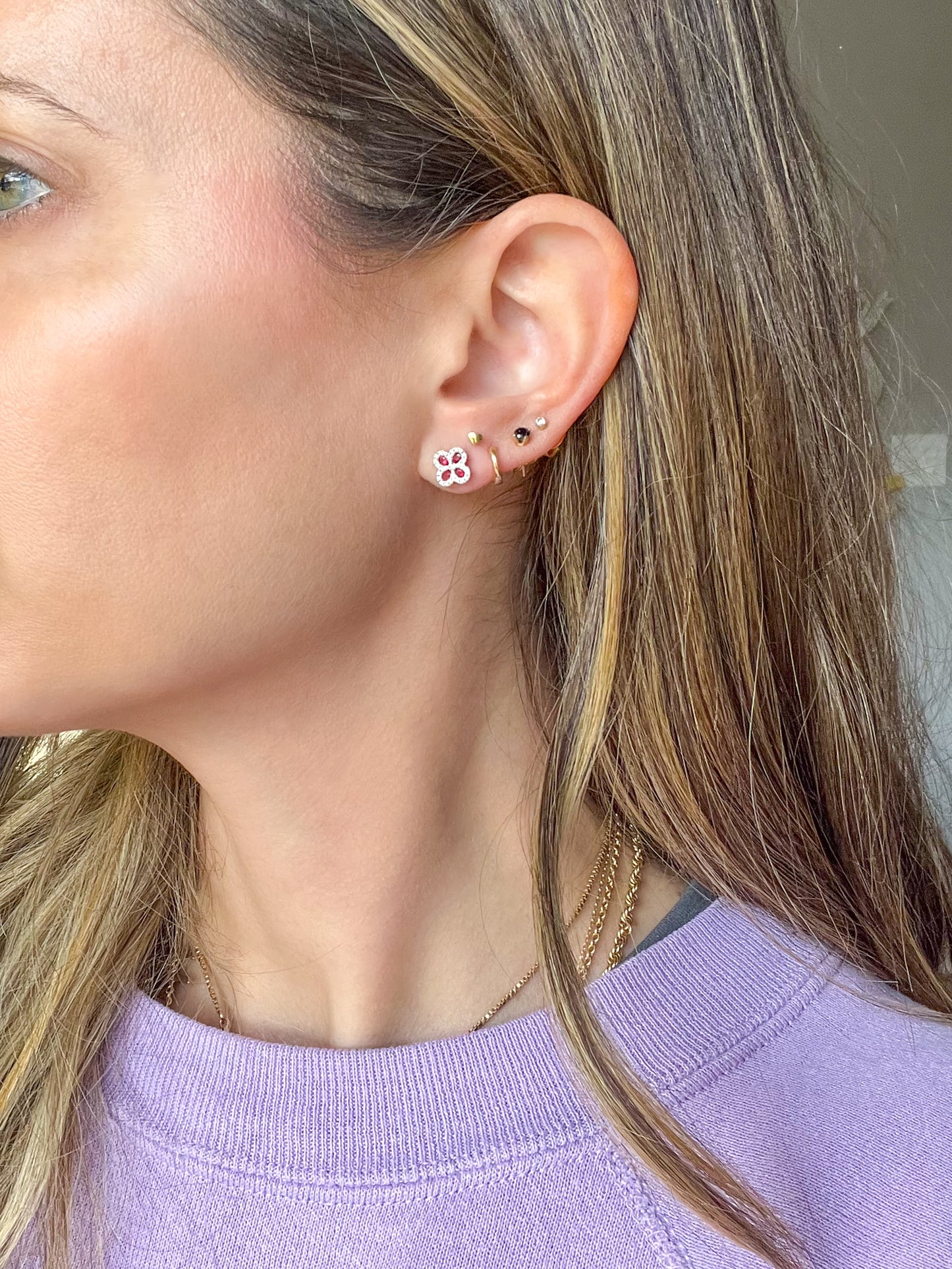 Natural Ruby, Sapphire, Emerald and Diamond 14k White Gold Flower Stud Earrings