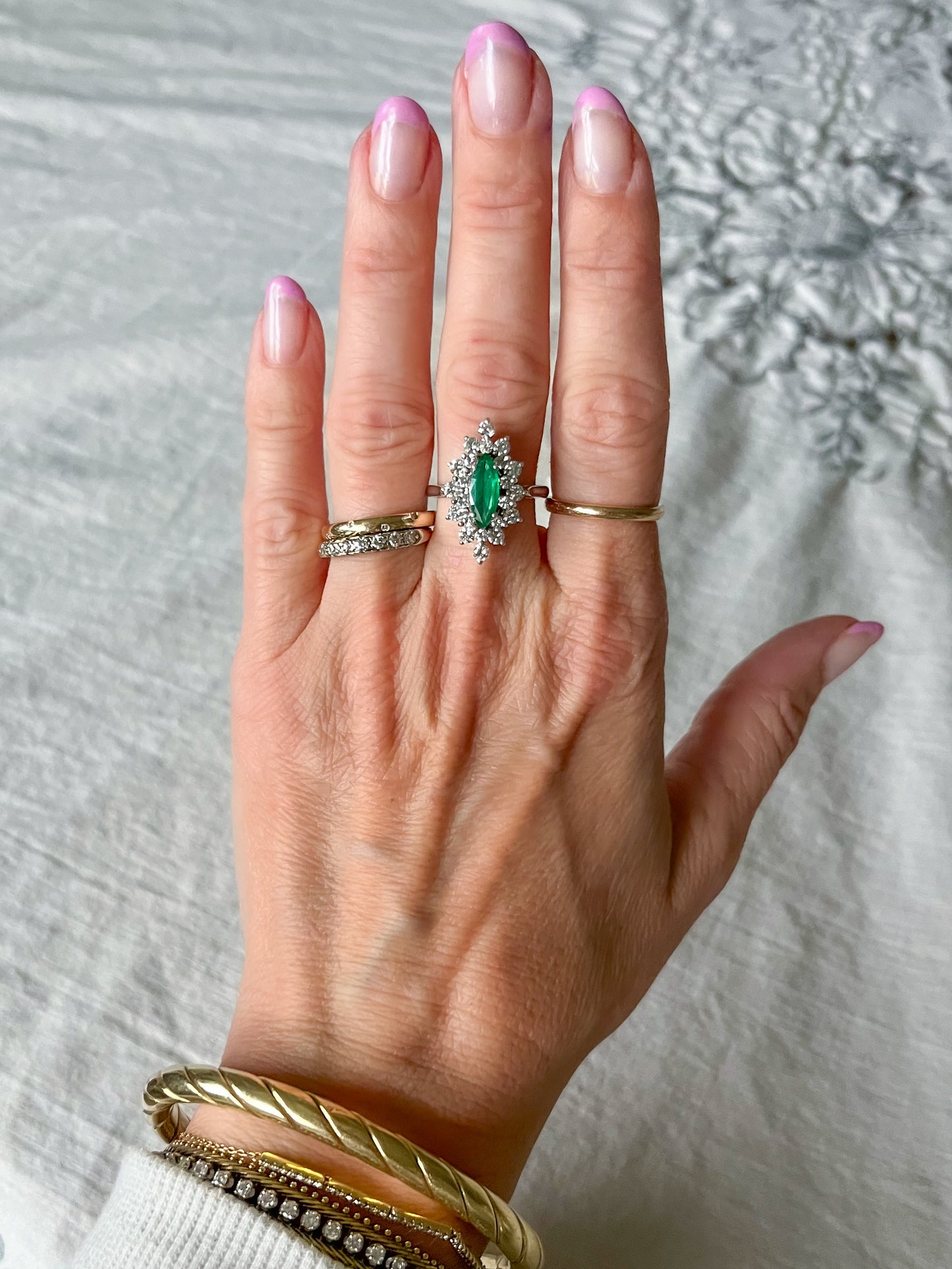 Vintage Natural Emerald and Diamond 14k White Gold Ring