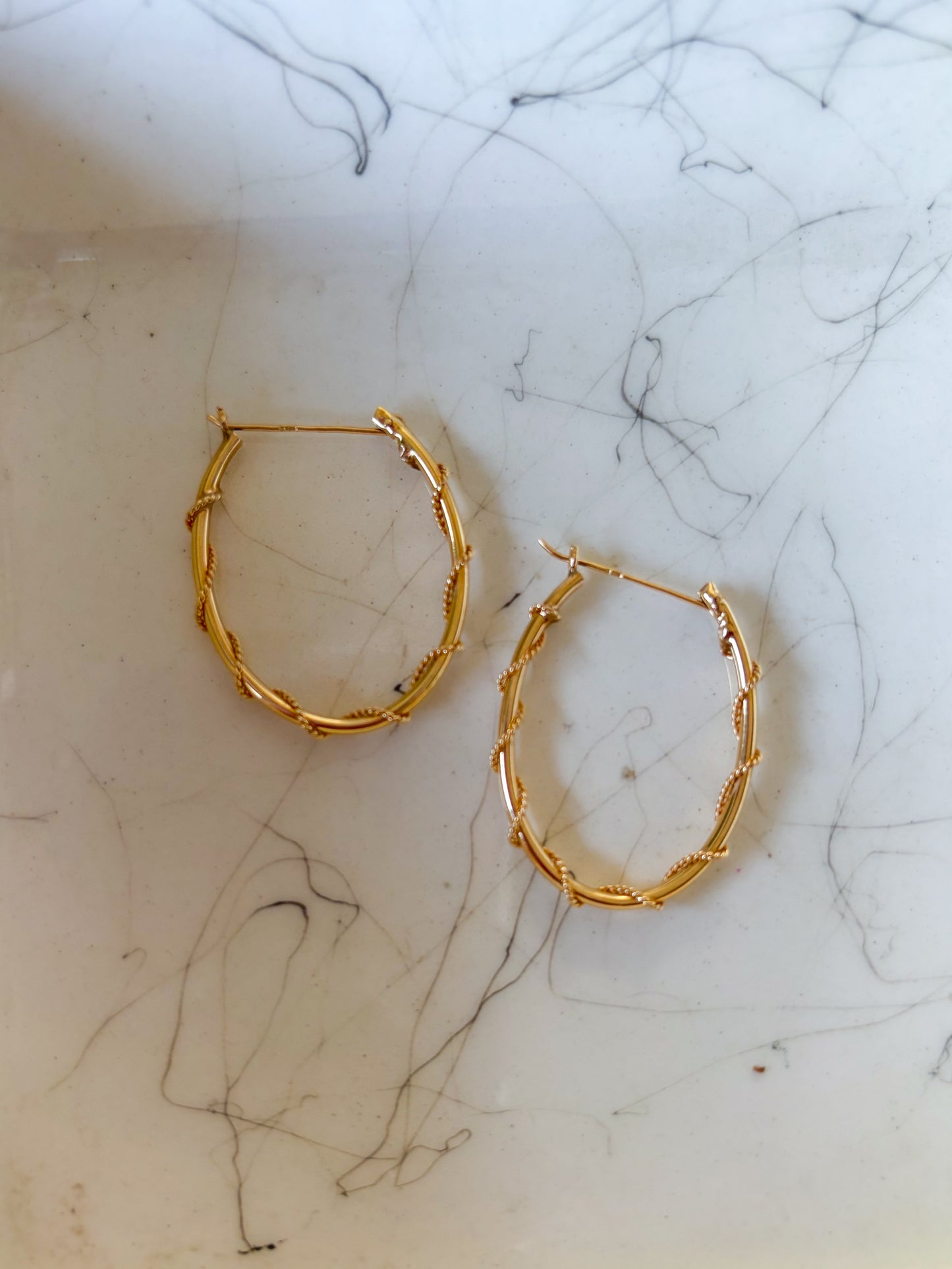 Vintage Thin Oval Hoop with Rope Detail 14k Yellow Gold Earrings