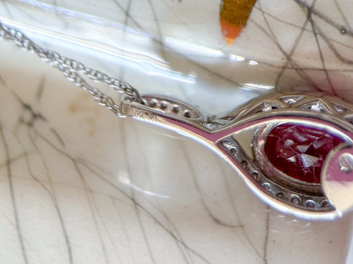 Vintage 10k White Gold and Natural Rhodolite and Diamond Charm with Chain