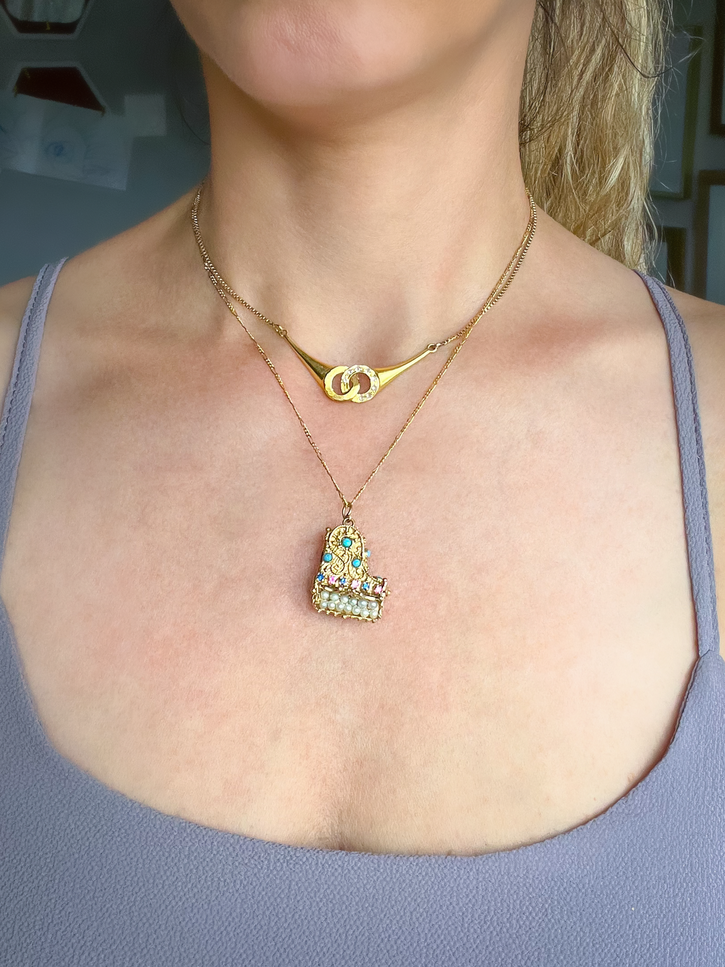 Vintage Grand Piano Charm - Ruby, Sapphire, Pearl, Turquoise and 14k Yellow Gold, circa 1950s