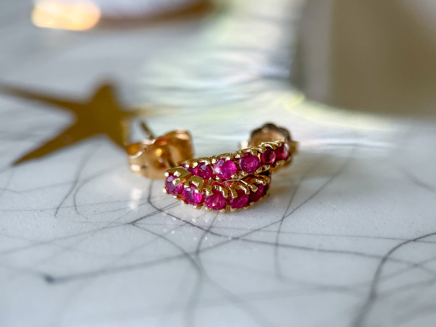 Vintage Half Hoop Natural Ruby 14k Yellow Gold Stud Earrings