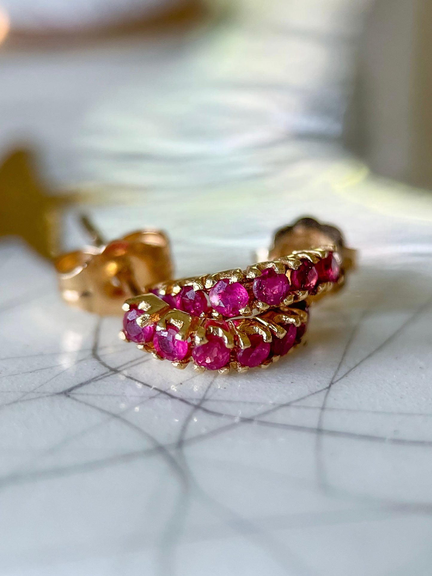 Vintage Half Hoop Natural Ruby 14k Yellow Gold Stud Earrings