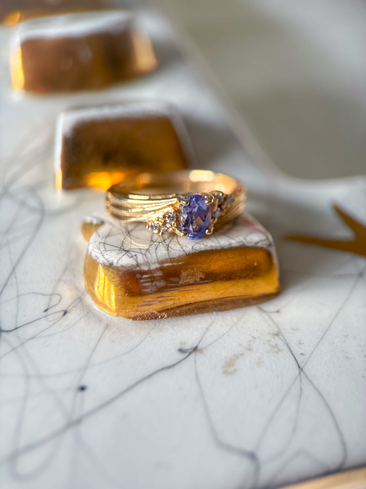 Vintage Natural Tanzanite and Natural Diamond 14k Yellow Gold Ring