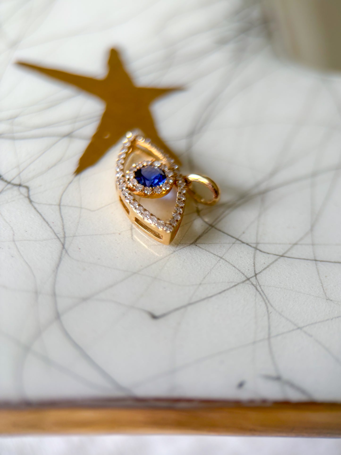 Natural Diamond and Sapphire Evil Eye 14k Yellow Gold Charm