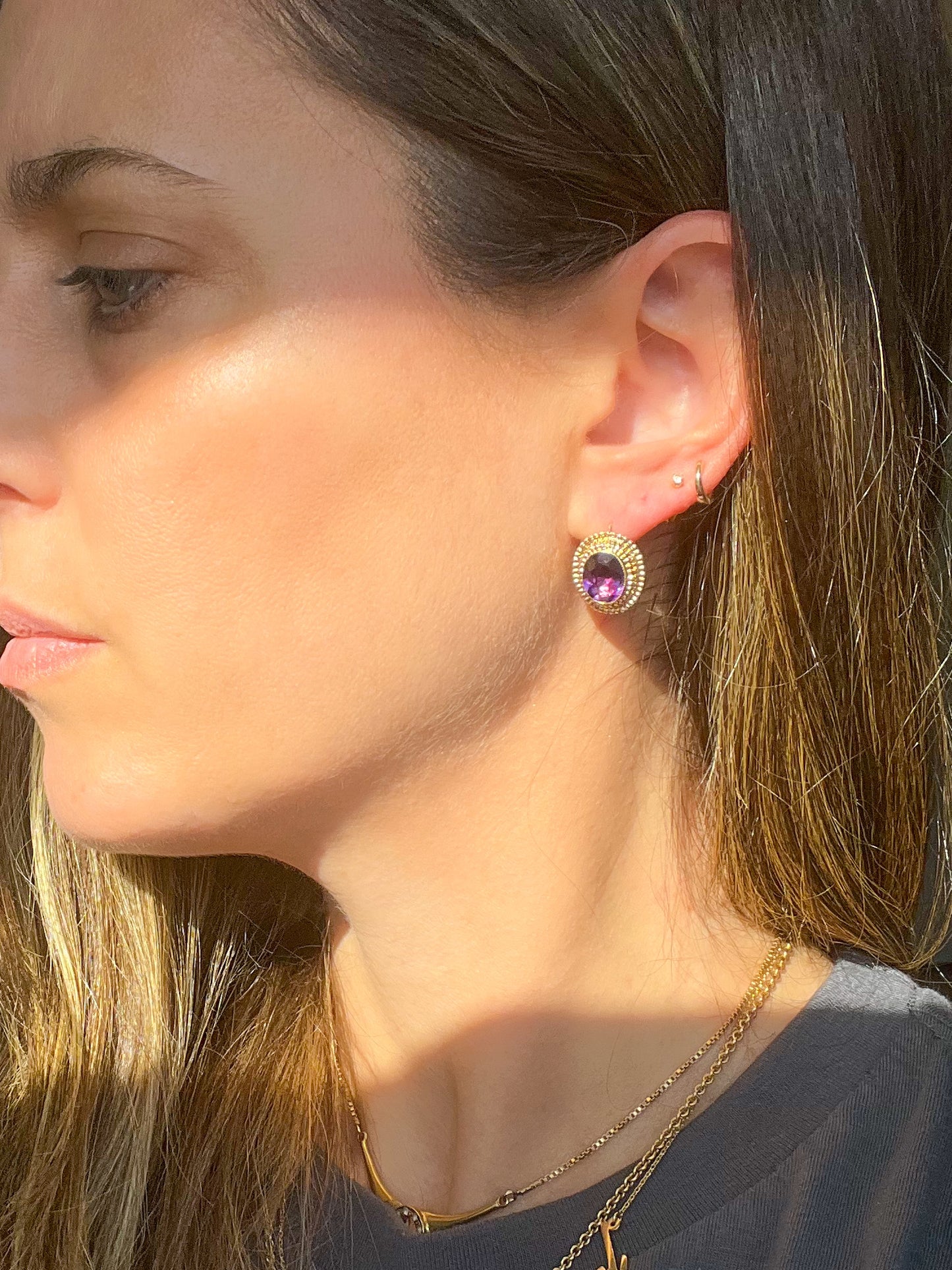 Vintage Natural Oval Amethyst 14k Yellow Gold Earrings, circa 1980s