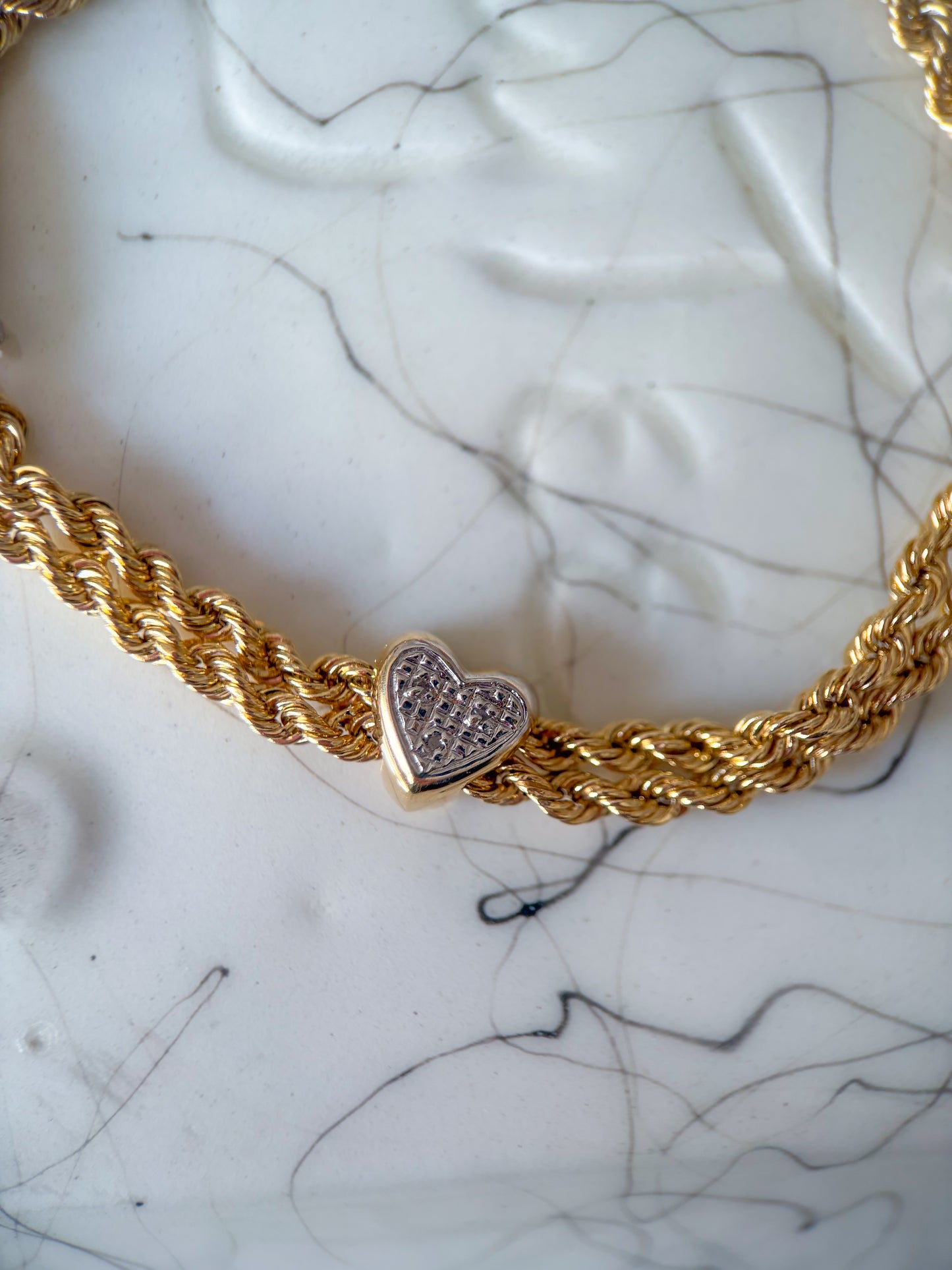 Vintage Double Rope XO Two Toned 14k White and Yellow Gold 7 Inch Bracelet